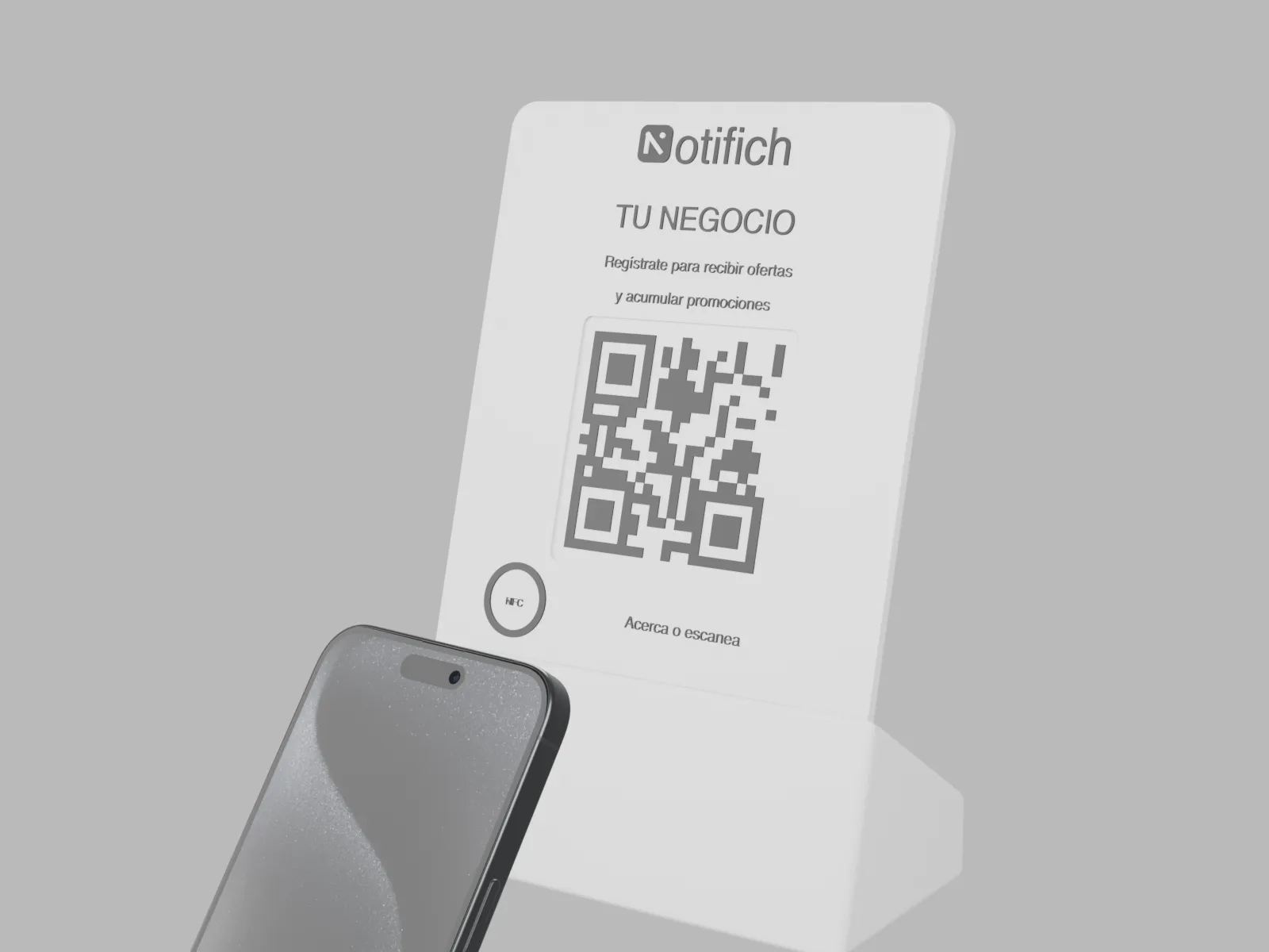 Notifich tabletop display with QR code and NFC spot